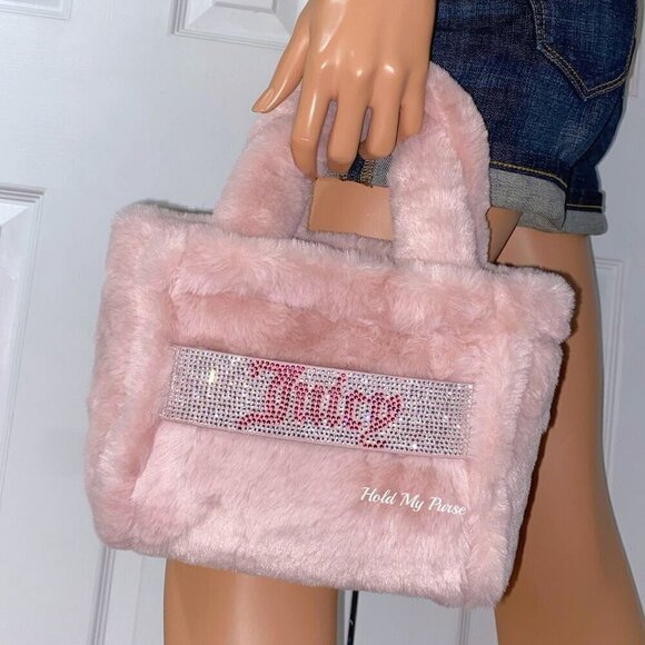 Juicy Couture Bag Faux Fur Plush Purse Pink Mini Tote Bag & Coin Purse Gift Set - Picture 4 of 10